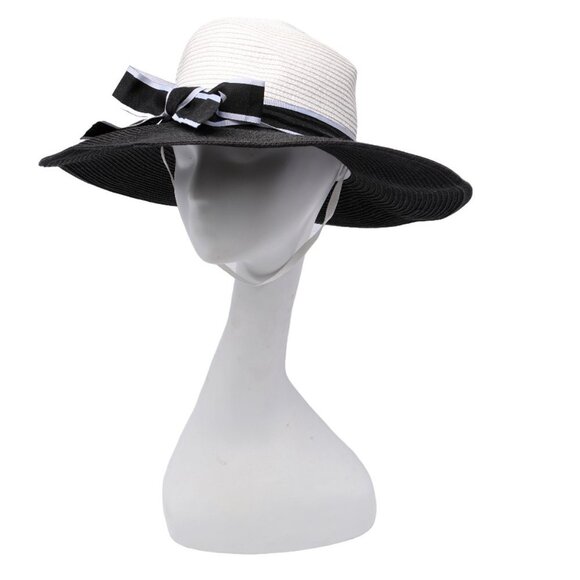 Large Brim Black White Summer Hat Ribbon Classic Faux Straw Wedding Party Event - Picture 7 of 10